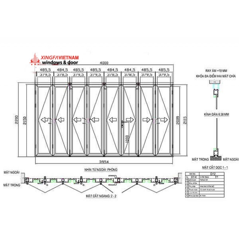Cửa đi mở xếp gấp 8 cánh nhôm Xingfa Quảng Đông chính hãng